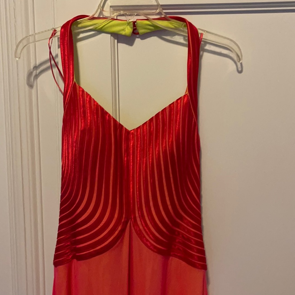 Women’s long Mary L Couture halter dress vibrant peach color lined